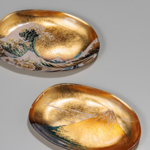 Gold Leaf Art Glass Tray (Set of 2) – Red Fuji & Great Wave (Gold)【Free Shipping】
